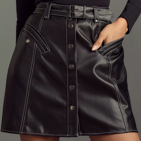 NWT Anthropologie Maeve Faux-Leather Button-Front Belted Mini Skirt size 8 - Picture 2 of 9